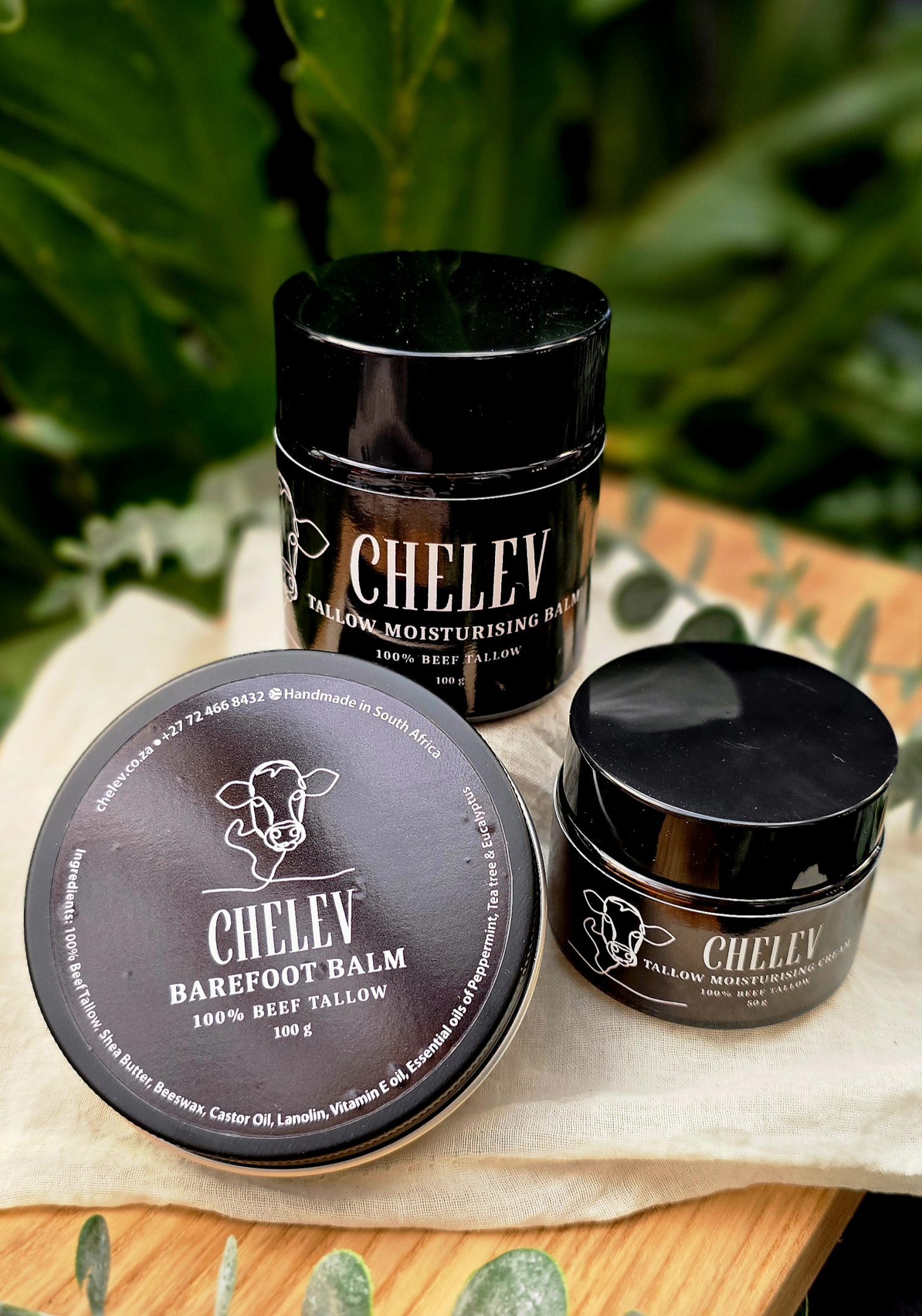 Chelev Beef tallow Combo Image, with Balm, Moisturing Cream and Barefoot Balm